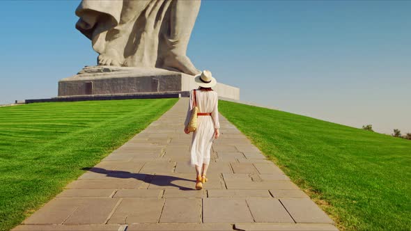 A young tourist at the Motherland Monument. Volgograd