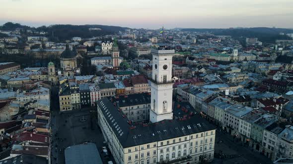 Aerial View of Winter Lviv City on Sunset