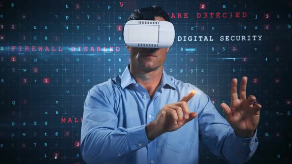 Man using virtual reality headset and futuristic screen