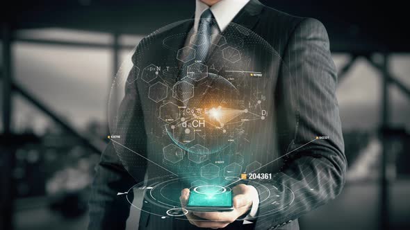 Businessman with Algorithm Hologram Concept alt