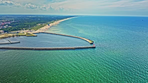 Port in Darlowek, aerial view of Baltic Sea