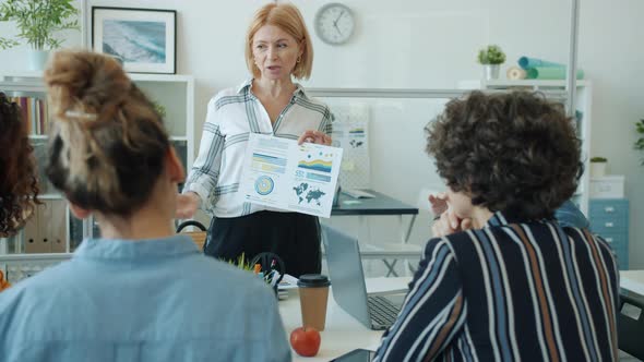 Mature Businesswoman Making Presentation for Group of Employees Talking Pointing at Chart