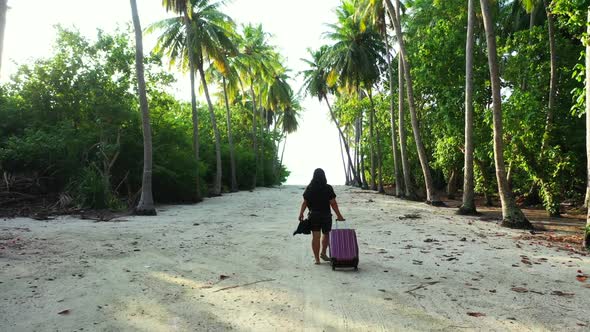 One girl loves life on beautiful shore beach journey by shallow sea and white sand background of the