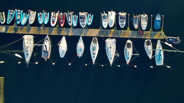 Rows Of Boats Moored At The Port In Marina Gdynia - Boat Club In Gdynia, Poland - aerial drone - top