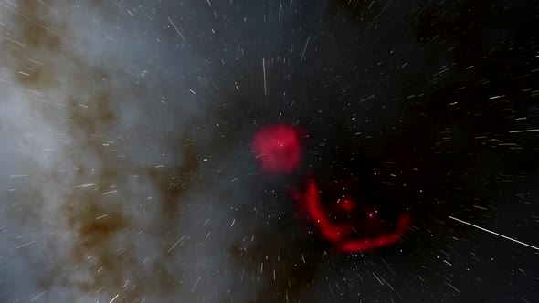 Flying Through a Red Nebula with Milky Way in Background