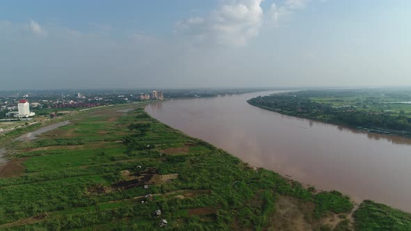 The Mekong River on the edge of the city of Vientiane in Laos seen from the sky