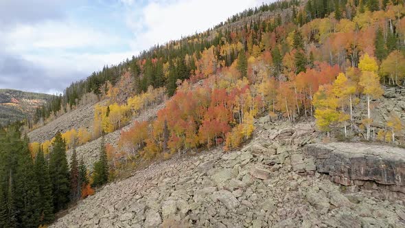 Flying along mountainside during Fall in the Uinta mountains