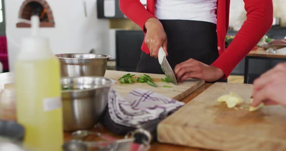 Diverse group wearing face masks cutting vegetables