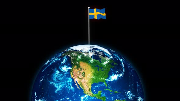 3d Rotated Planet Earth On Flying Sweden Flag Animation