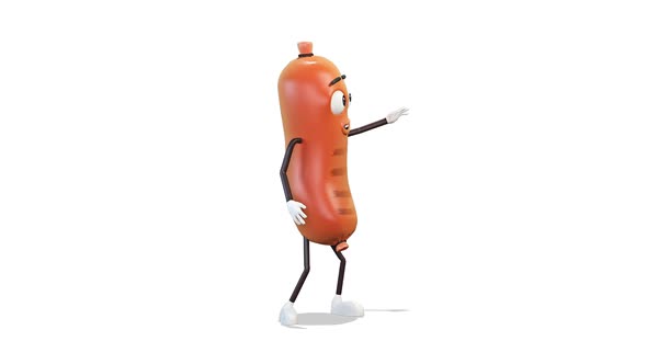 Sausage Presenter And Point With Hand on White Background