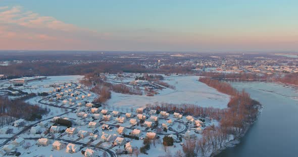 Wonderful Winter Scenery Roof Houses Covered Snow on the Aerial View with Residential Small American