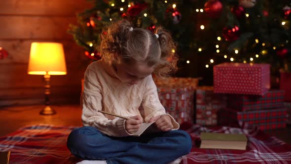Portrait of Adorable Little Blonde Girl Writing Letter to Santa Claus Faith in Christmas Miracle on