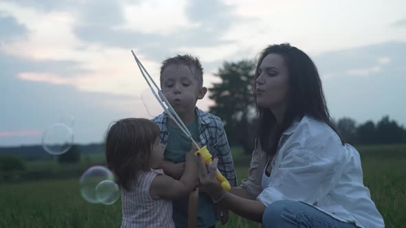 Slow Motion Video of Mother and Children Blowing Soap Bubbles in Nature