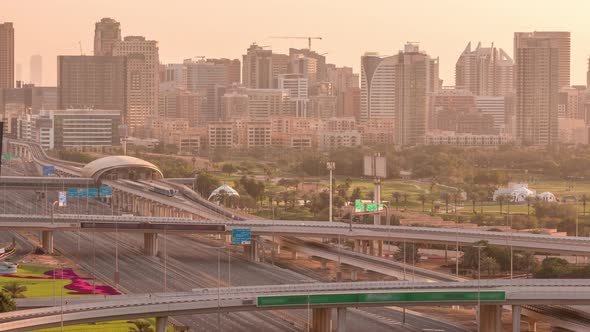 Dubai Golf Course with a Cityscape of Gereens and Tecom Districts at the Background Aerial Timelapse