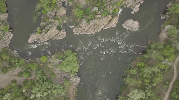 Aerial Rocky Landscape on Southern Bug River with Rapids. Ukraine