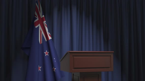 National Flag of New Zealand and Speaker Podium Tribune
