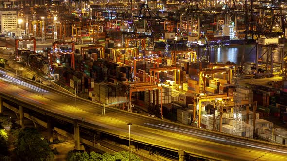 Container Port Large Hong Kong Overpass Road with Busy Traffic