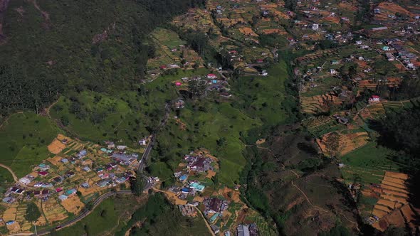 Aerial view of houses in countryside near Nuwara Eliya, Sri Lanka