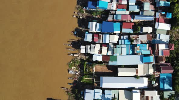 Aerial view of home barracks along Mekong river, Cambodia.