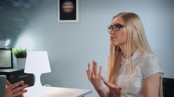 Closeup of Nice Girl Sitting in Psychologist's Cabinet and Speaking About Emotional Experiences