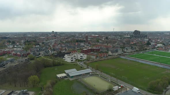 Hasselt City in Limburg, Belgium. Aerial Establishing on Cloudy Day.