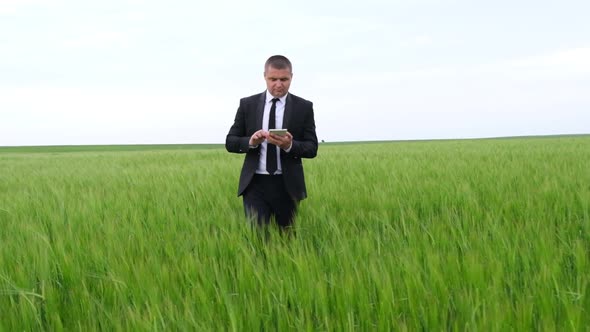 An Agribusiness Worker Works on a Tablet in a Green Field