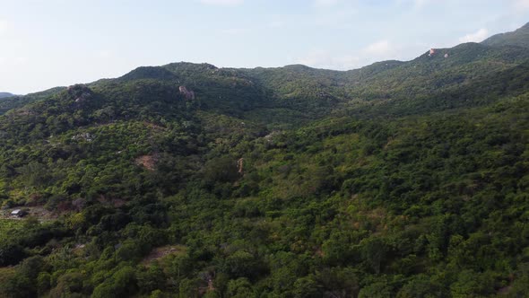 Aerial view of green growing mountains at Nui chua national park in Ninh Thuan province, Vietnam.