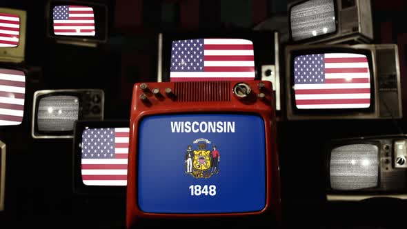 US Flags and Flag of Wisconsin on Retro TVs.