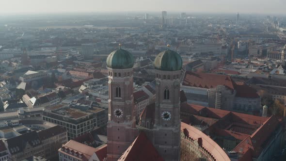 Scenic Aerial View of Famous Frauenkirche Cathedral, Church of Our Lady, Drone Tilt Down Over Two