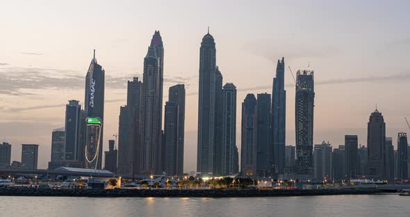 Sunrise Timelapse Ofskyscrapers in Dubai Marina UAE