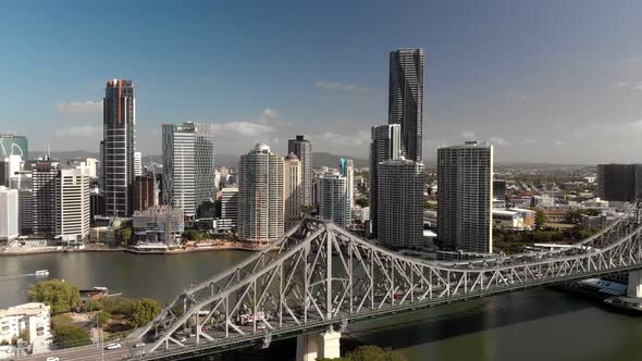 Brisbane city with CBD and Story Bridge, aerial drone panoramic