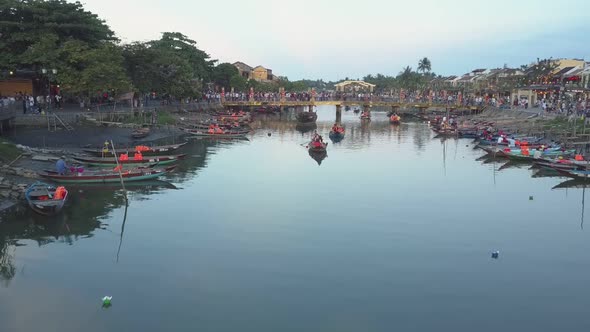 Upper View Boats Sail on River Reflecting Trees Silhouettes