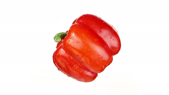 Fresh Red Bell Pepper with Green Stem Turns Around on White