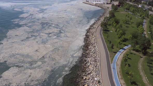 Aerial view of mucilage along the coast near the harbour at the Marmara Sea coast of Istanbul.