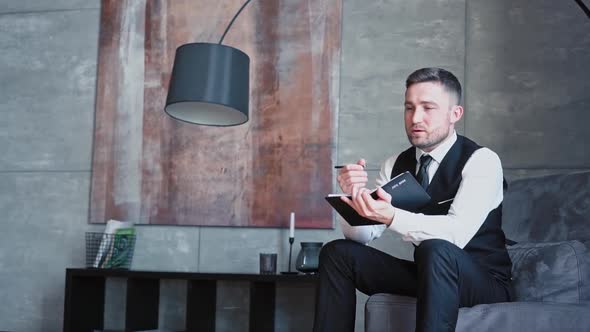 Headshot Portrait Smiling Confident Caucasian Male Businessman Being Modern Office Dark Room