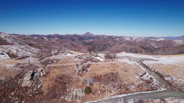 Drone shot over a campground on Monjeau Peak in New Mexico during winter