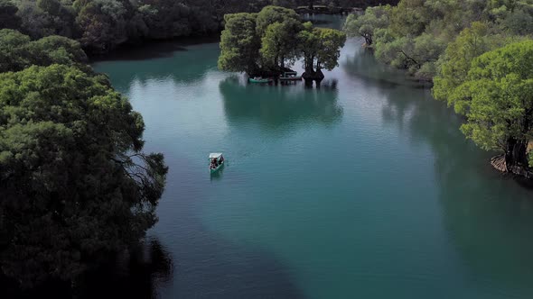AERIAL: Lago De Camecuaro, Boat, Tangancicuaro, Mexico (Panning Right)