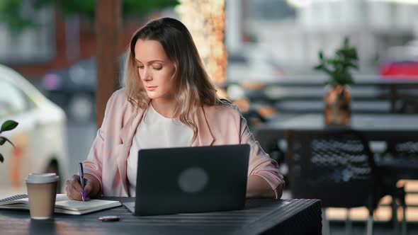 Modern Freelancer Business Woman Working Remotely Outdoor Summer City Cafe Taking Notes Use Laptop