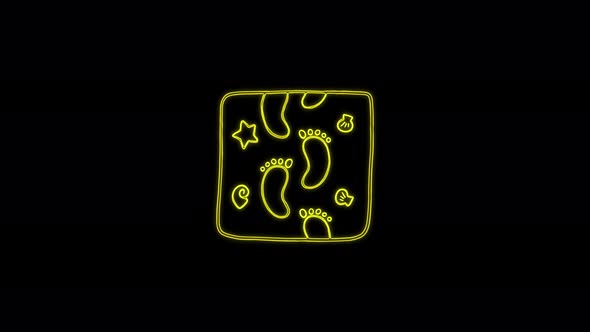 Icon of footprints in the sand moving lines on a black background. 4K video neon line animation.