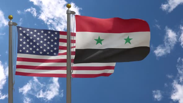 Usa Flag Vs Syria Flag On Flagpole