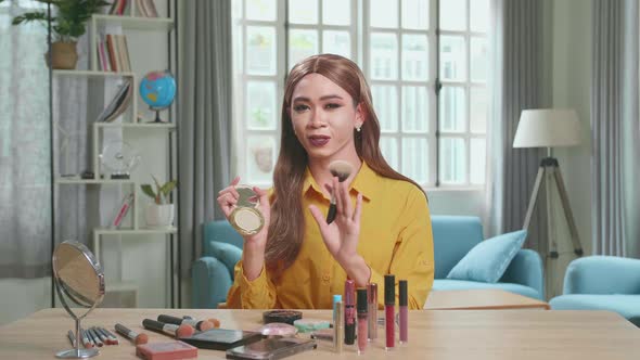 Influencer Transgender Woman Blogger Talks About Makeup. Blogger Talks Facial Beauty Treatments