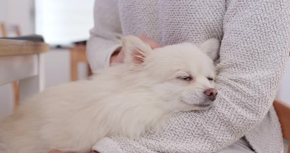 Woman cuddling her pomeranian dog