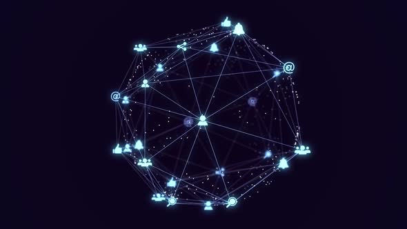Animation of digital interface and network of connections with social networking glowing icons