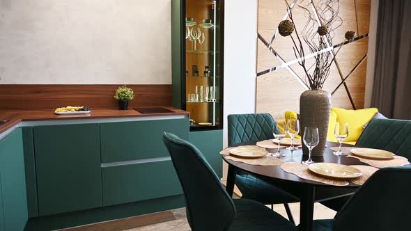 Interior of a dining room with large window 