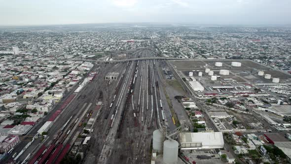 drone shot of the arrival of railways with merchandise for export in the port of veracruz in mexico