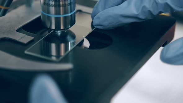 Close-up Researcher Sets the Glass Under a Microscope To Conduct a Microscope Study in the