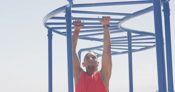 Front view man with prosthetic leg exercising