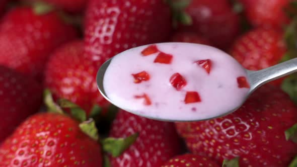 Strawberry Yogurt in a Spoon, Against the Background of Fresh Strawberries