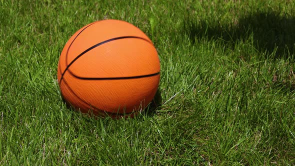 Basketball ball bouncing on green grass field