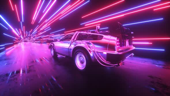 Delorean With Neon Light Strings Loop